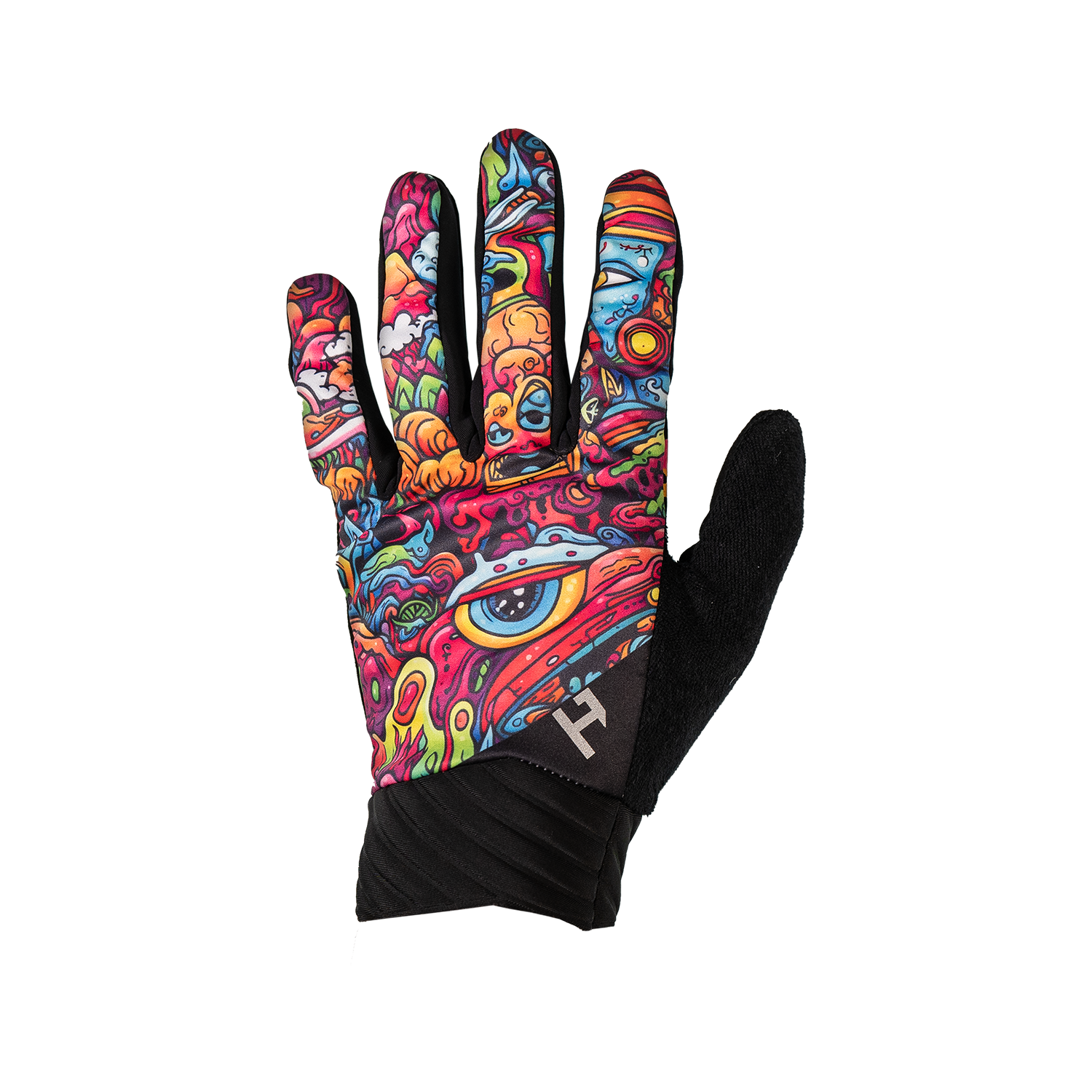 Colorful graphic glove with black accents on a white background