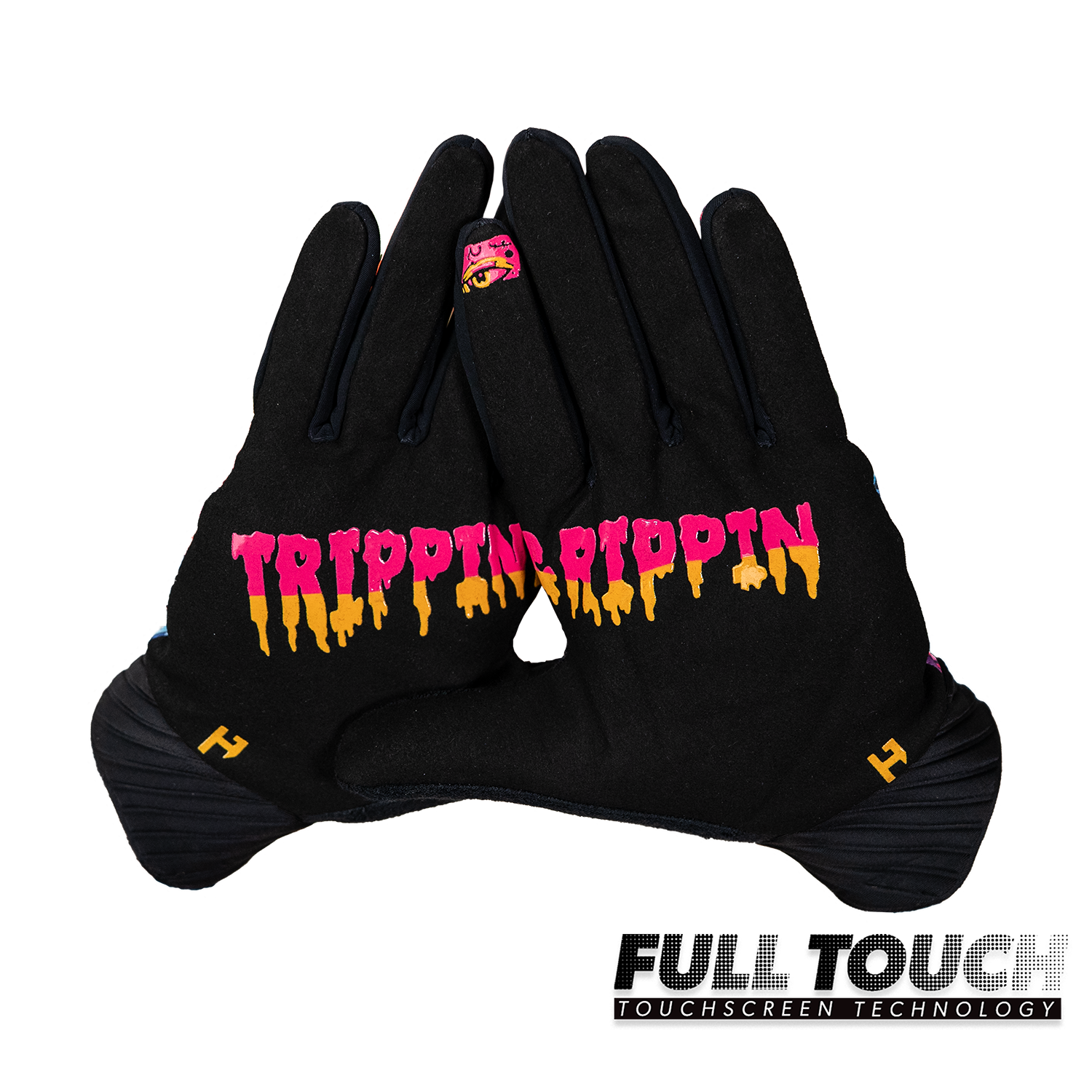 Black glove with 'TRIPPIN RIPPIN' text on a white background