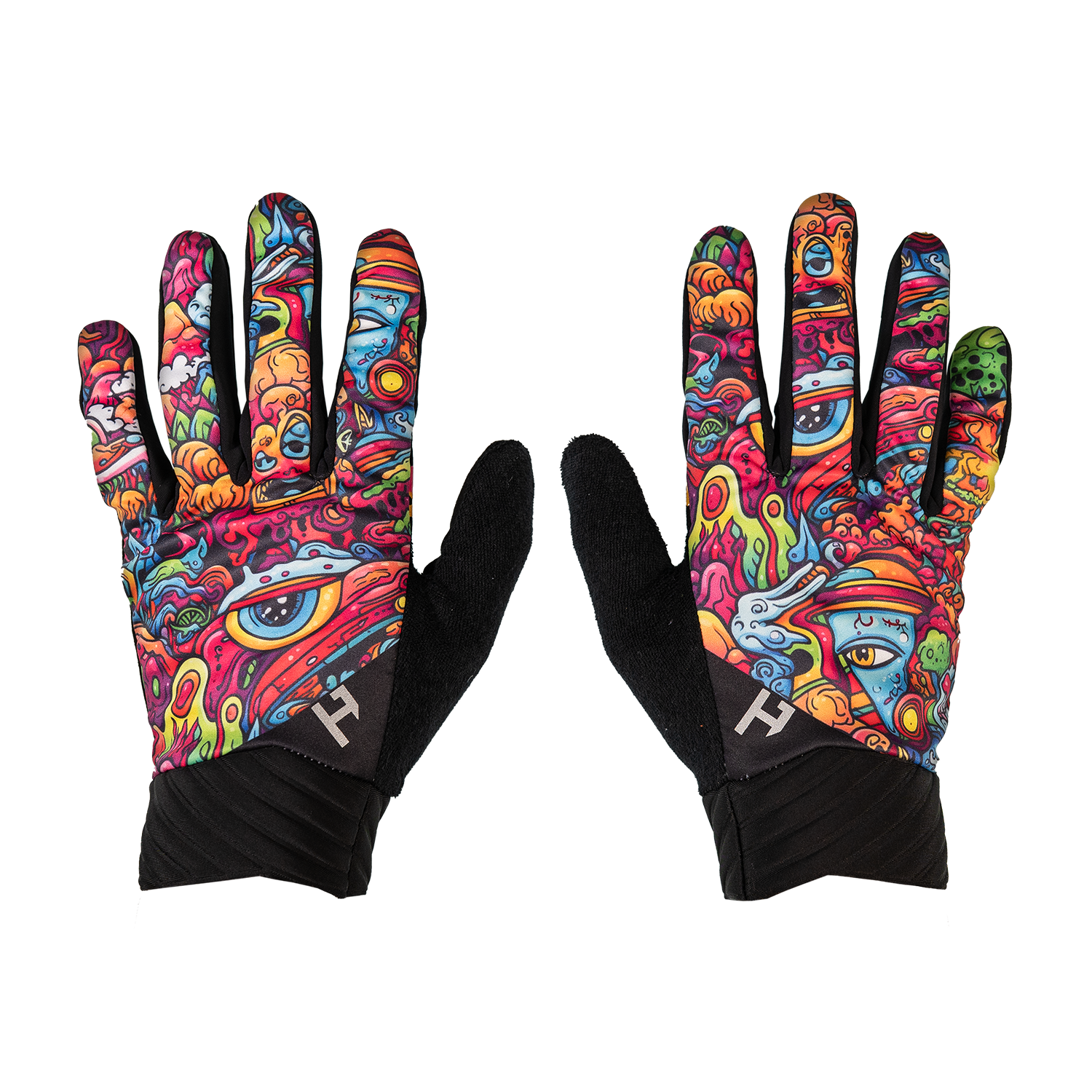 Colorful gloves with abstract designs on a white background