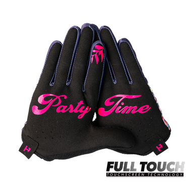 Black gloves with pink 'Party Time' text on a white background, featuring Full Touch touchscreen technology branding.