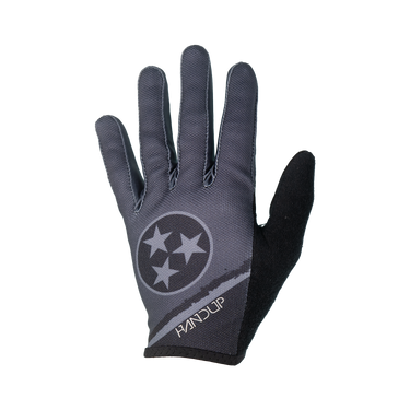 Black and gray glove with a star logo on a white background