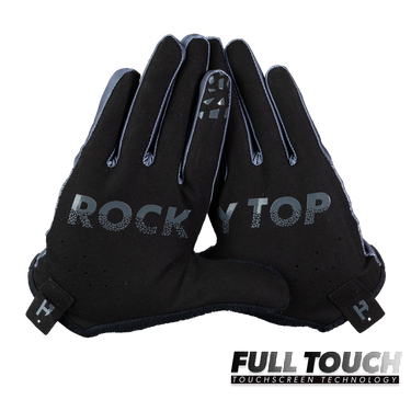 Black gloves with 'Rocky Top' branding on a white background
