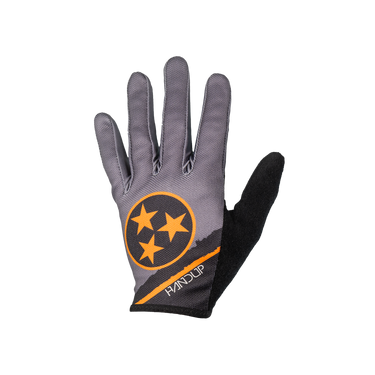 A single gray and black work glove with an orange circular logo featuring three stars and the word 'HANDUP' on the back, shown against a plain white background.