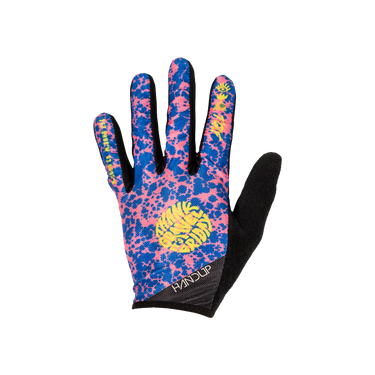 Colorful glove with a blue and pink pattern on a white background