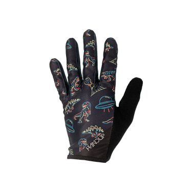 Black glove with colorful alien and UFO designs on a white background