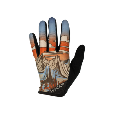 Gloves with a western desert theme design and 'HANDUP' branding