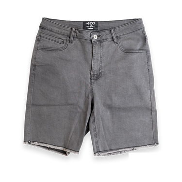 A pair of faded grey jorts, shorts that are designed to look like overalls but without the top buttons and straps.