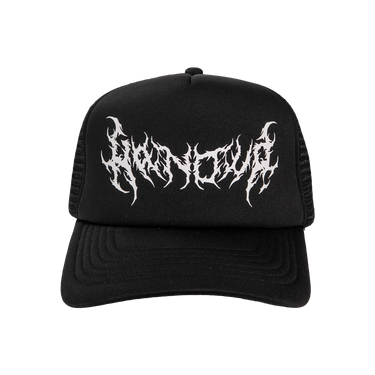 Black trucker cap with white logo on a white background