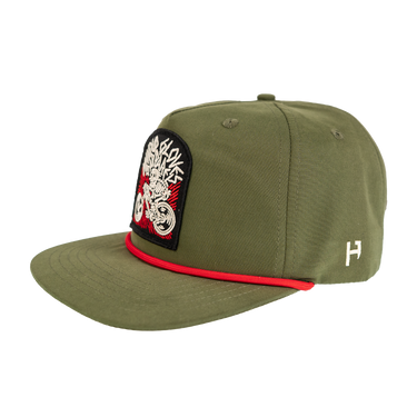 Green cap with a motorcycle patch on a white background