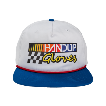 White cap with colorful text and logo on a white background