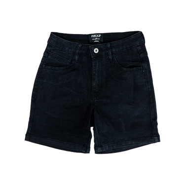 Black denim shorts on a white background