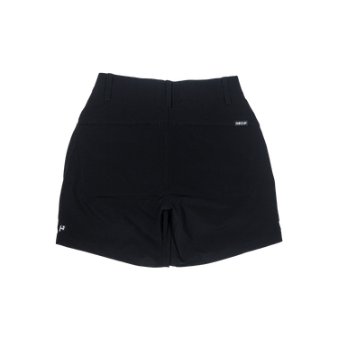 black shorts on a white background with a brand logo