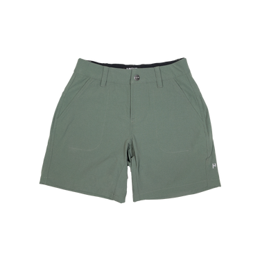 Green shorts with a brand logo on a white background