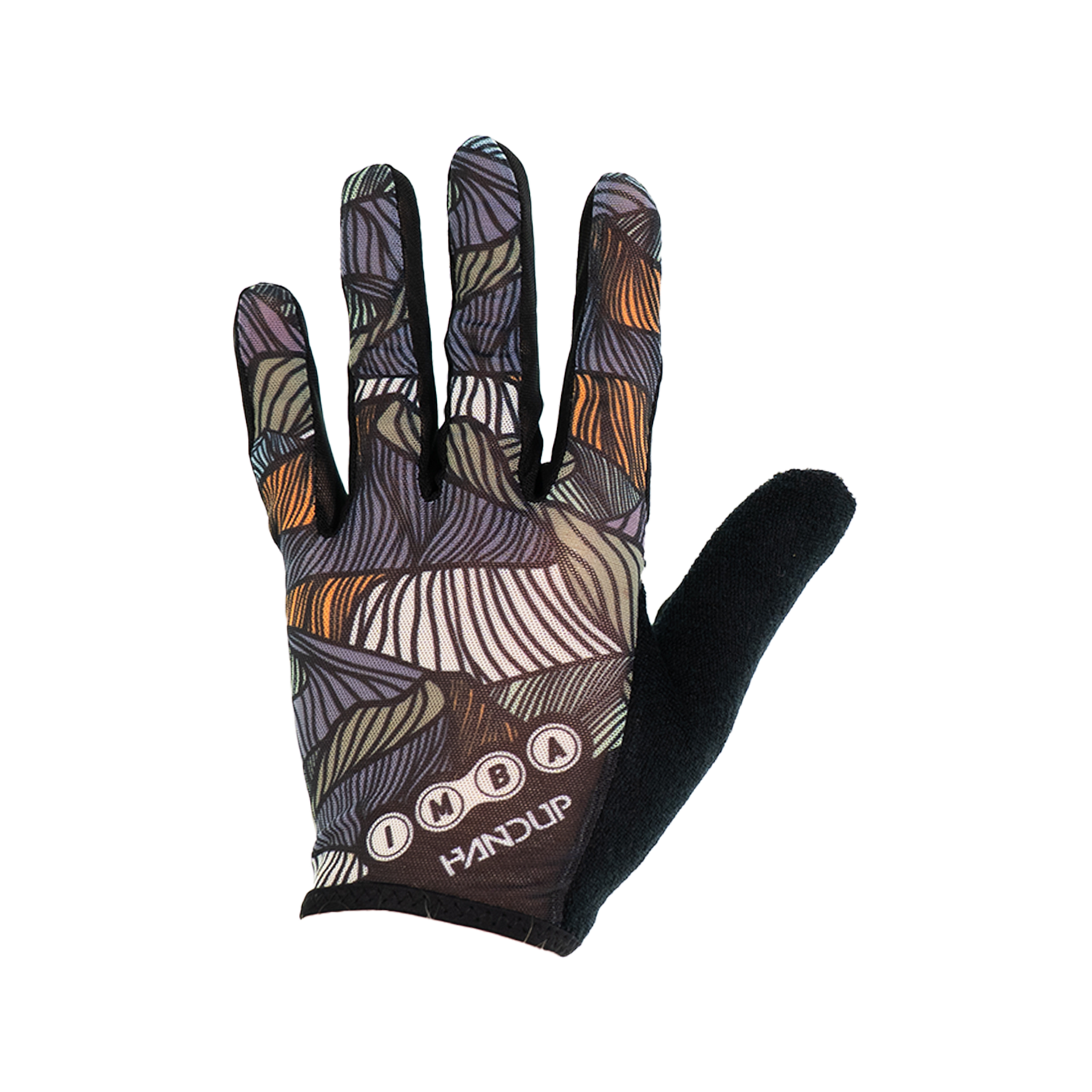 cycling gloves with multicolor pattern and IMBA logo