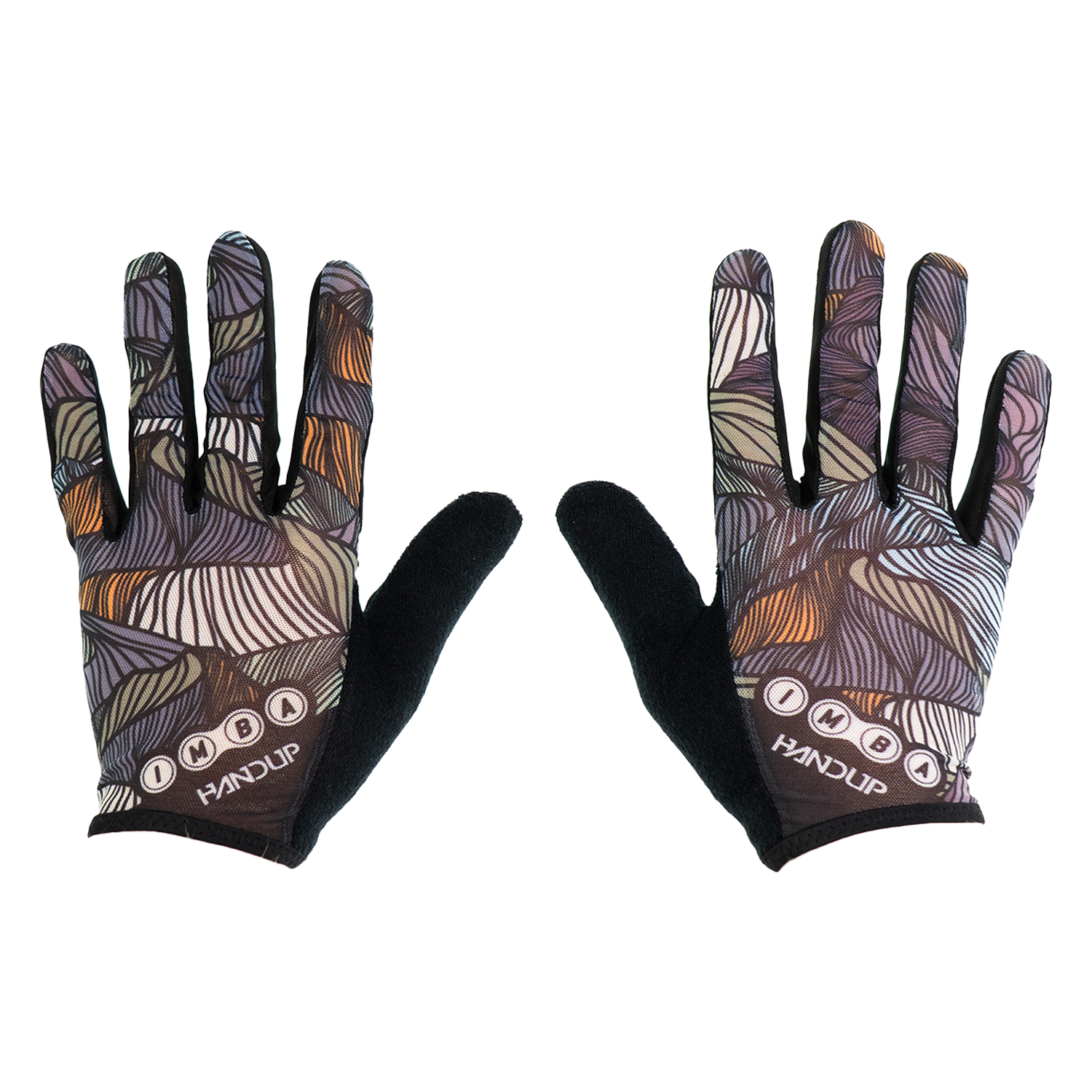 cycling gloves with multicolor pattern and IMBA logo