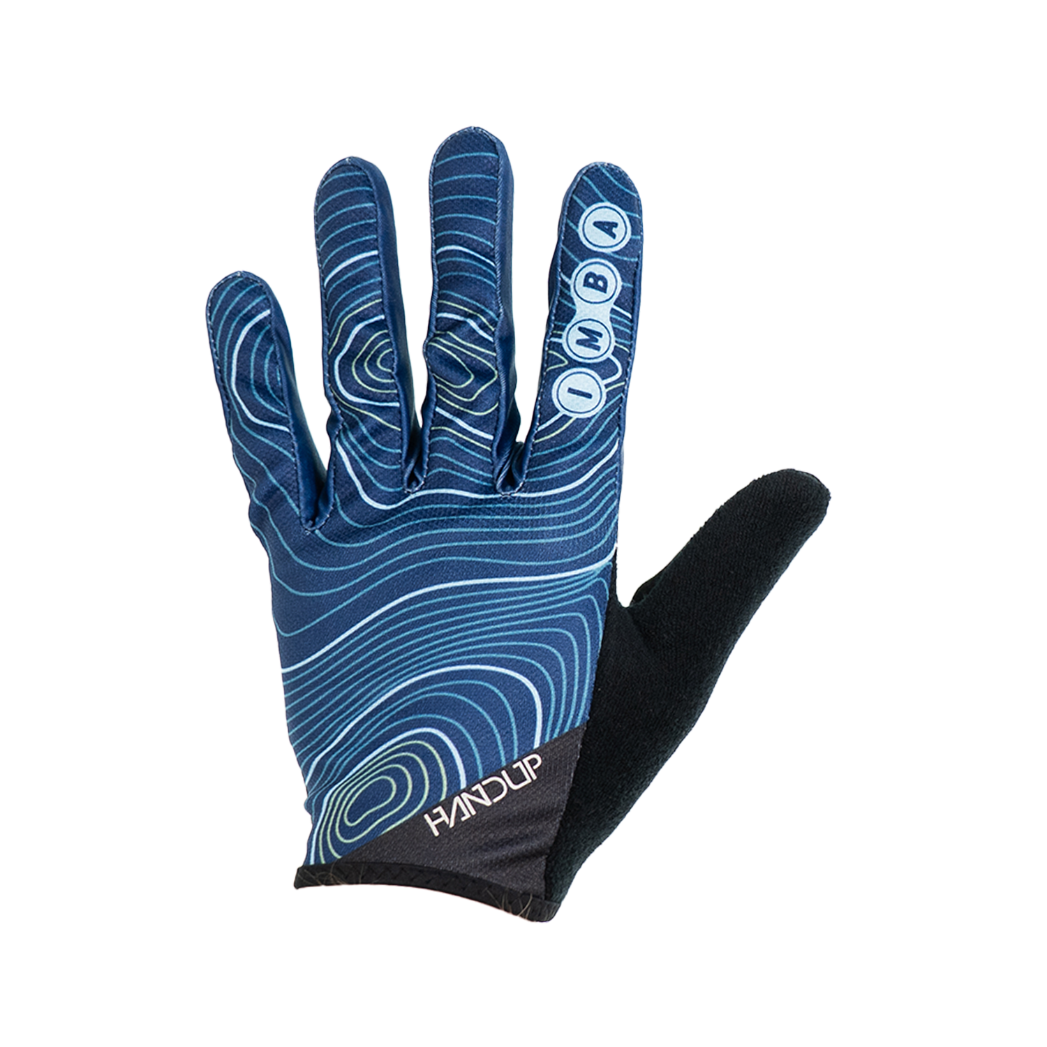 blue cycling glove with white topo design and IMBA logo