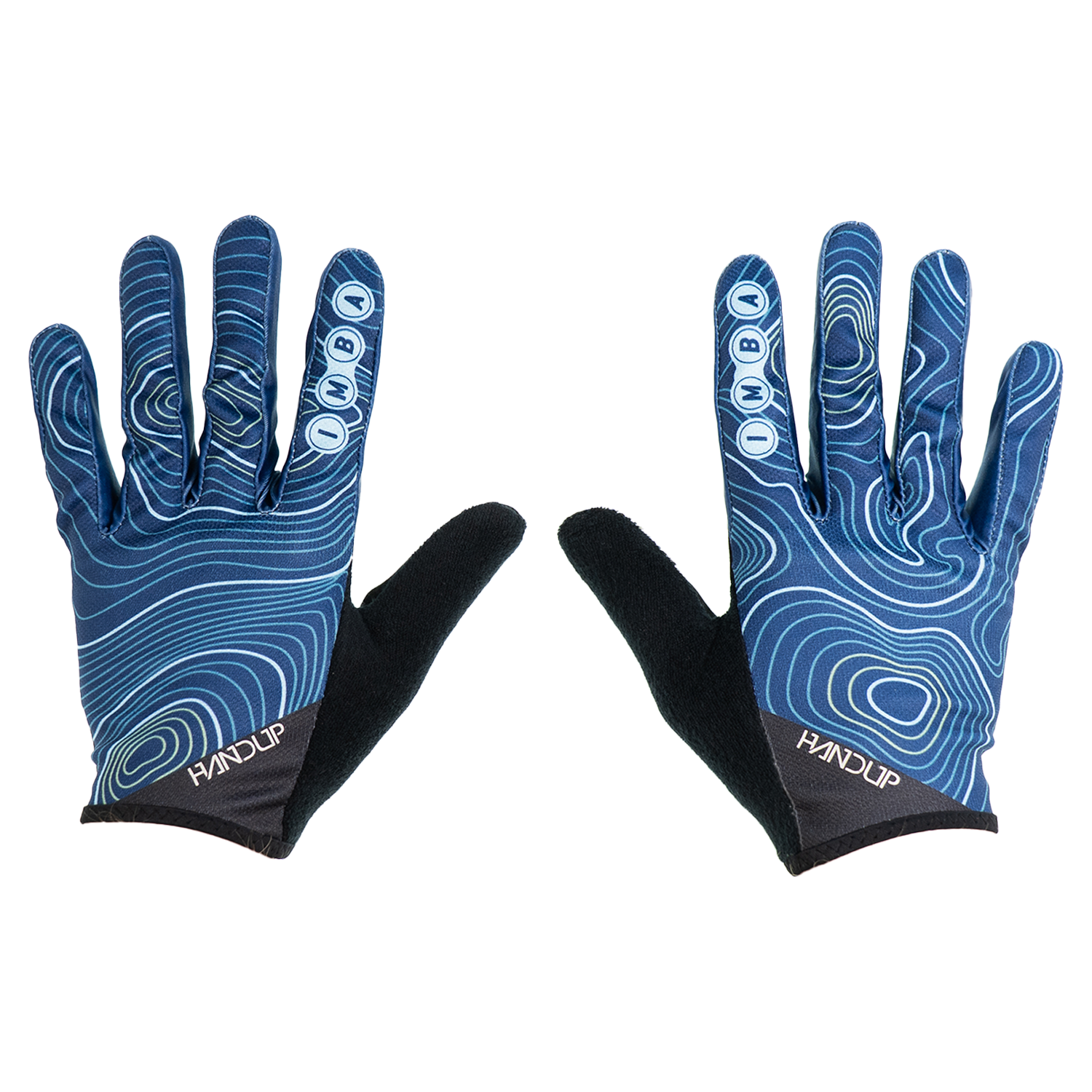 blue cycling gloves with white topo design and IMBA logo