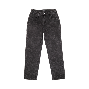 Black acid-wash denim jeans with a faded, mottled texture, shown flat against a solid white background.