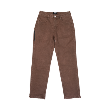A pair of brown corduroy pants with a zippered pocket on the left leg, shown flat against a white background.