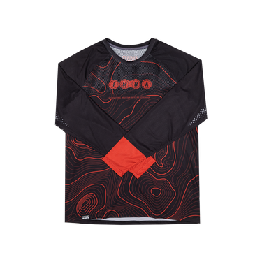 A long-sleeve athletic jersey in black with a red topographic contour line pattern, featuring the word 'IMBA' in red letters across the chest and a solid red panel on the lower front.