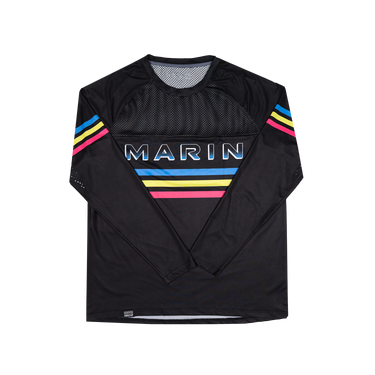 Black long-sleeve shirt with colorful stripes and 'MARIN' branding on a white background