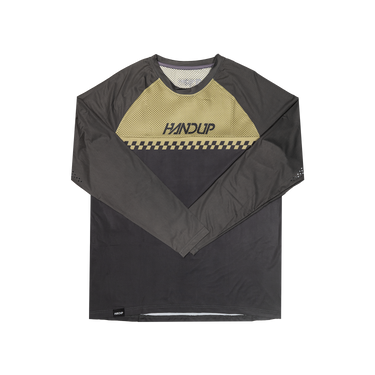 Black and beige long-sleeve shirt with 'Handup' branding on a white background