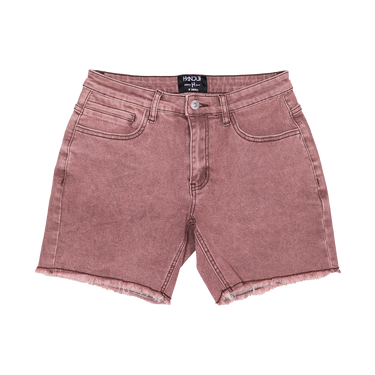 A pair of women's denim shorts in a dusty rose or mauve wash, featuring a frayed hem and a black brand label at the waistband.