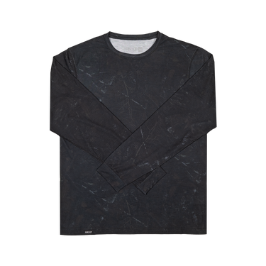 A long-sleeve crewneck shirt in black with a subtle gray marble or stone texture, laid flat against a solid white background.