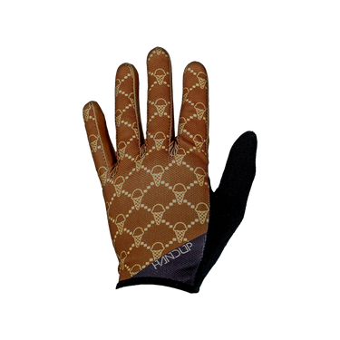 Brown and black glove with geometric pattern on a white background
