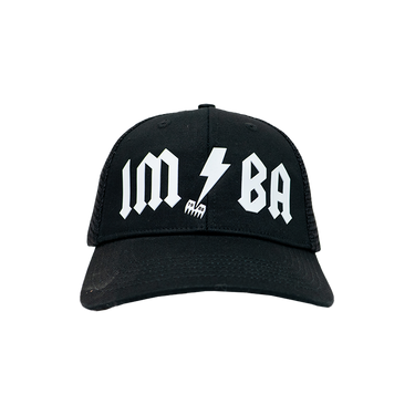 Black cap with white text and logo on a white background