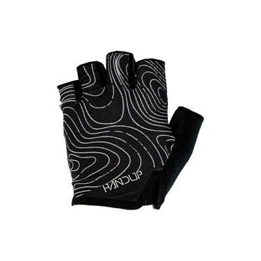 A pair of black climbing gloves with a white topo map pattern