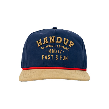 Navy blue cap with beige brim and gold text