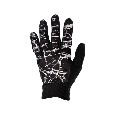 A pair of black and white cold weather gloves with a geometric pattern