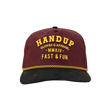 Maroon and black cap with yellow text on a white background