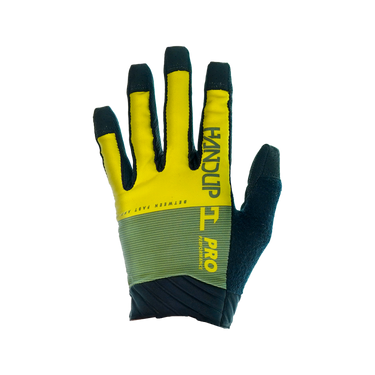A pair of yellow and black mountain bike gloves with 'Handup' brand visible