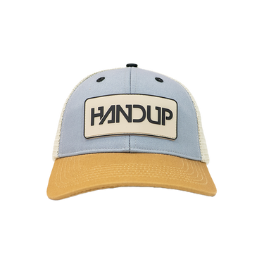 Blue and yellow cap with 'HANDUP' logo on a white background