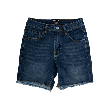 Blue denim shorts on a white background