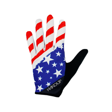 A pair of 'MERICAS gloves with an American flag pattern.