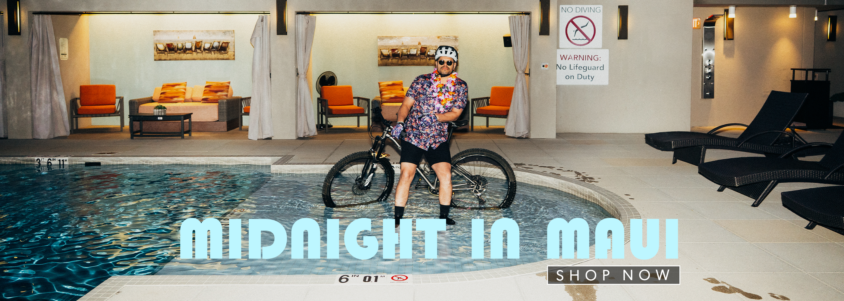 Person with a bicycle in a pool area with 'Midnight in Maui' text overlay.