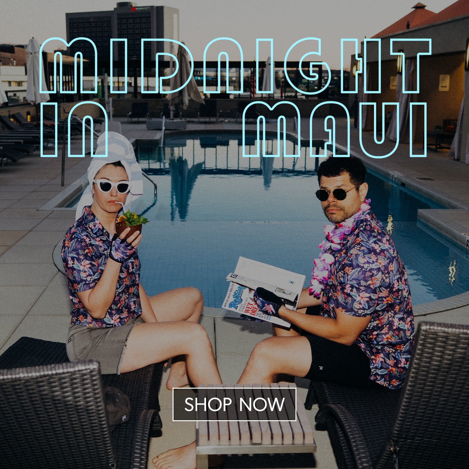 Two people sitting by a pool with 'Midnight in Maui' text overlay.