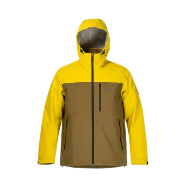 Two-tone yellow and brown jacket with a hood on a white background