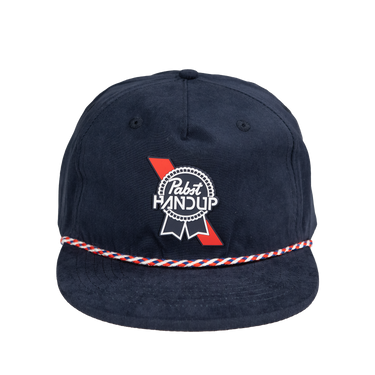 A navy blue 5-panel baseball cap featuring a red and white braided rope detail along the brim and a white embroidered 'Pabst Handup' logo on the front.