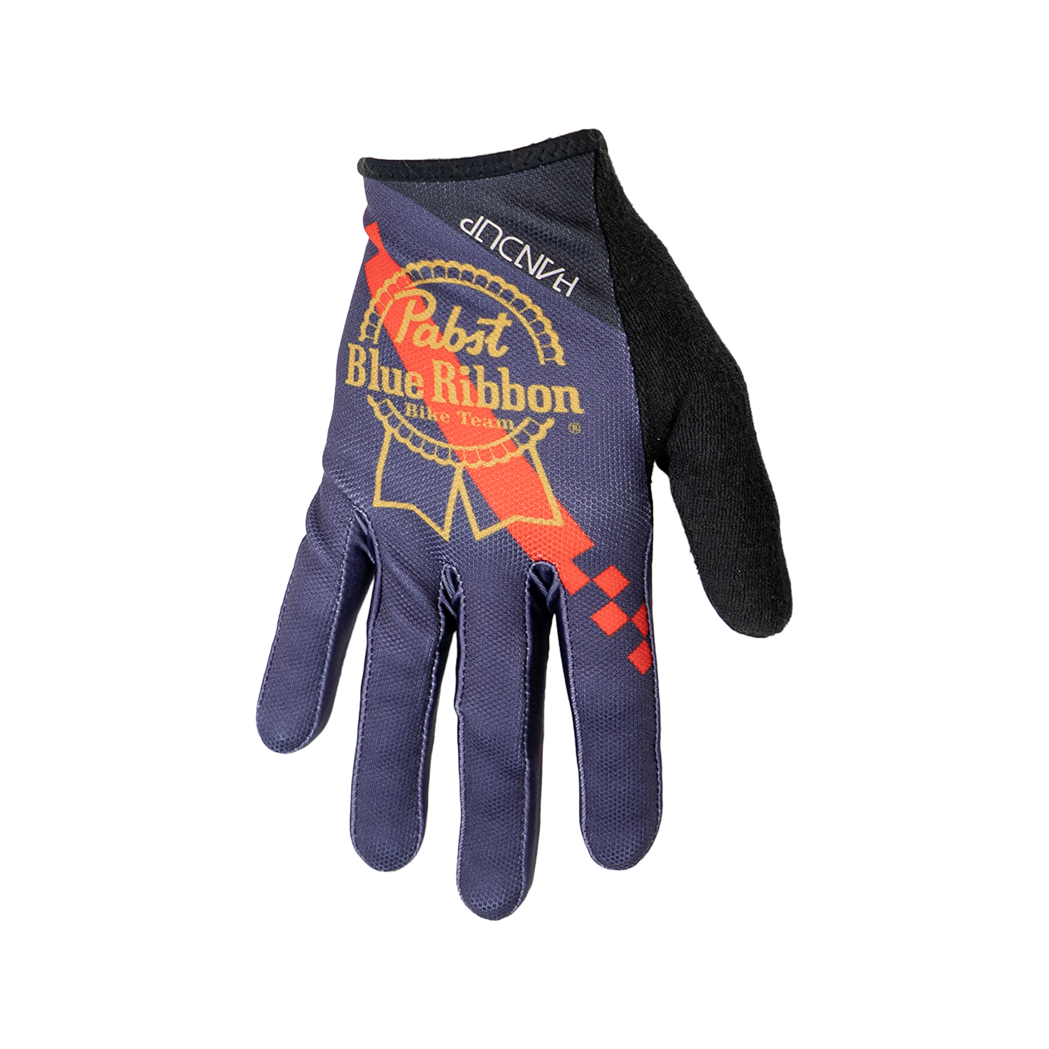 Blue glove with Pabst Blue Ribbon branding
