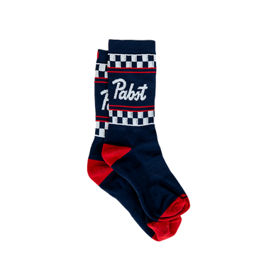 Navy blue sock with white checkered pattern and red accents on a white background