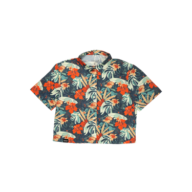 Hawaiian shirt with tropical floral pattern on a white background