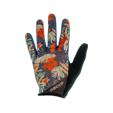A pair of cycling gloves with a floral print and tiki design.