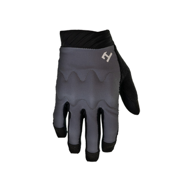 A pair of steel grey full-finger cycling gloves with a geometric pattern on the back and a logo on the wrist area.