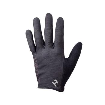 A single black glove against a white background, designed for adult hands with a visible brand logo on the thumb.