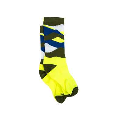 Colorful geometric-patterned sock on a white background