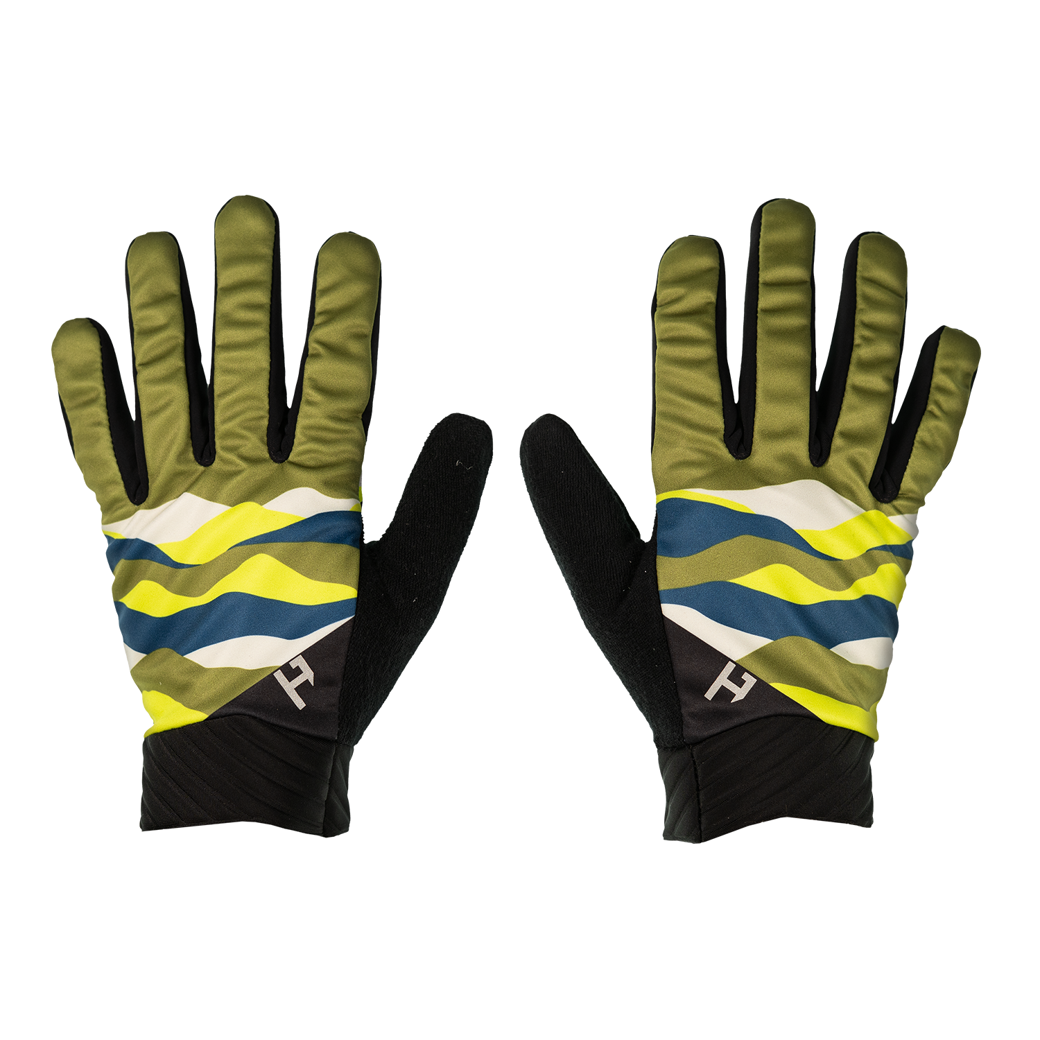 Pair of gloves with a colorful pattern on a white background